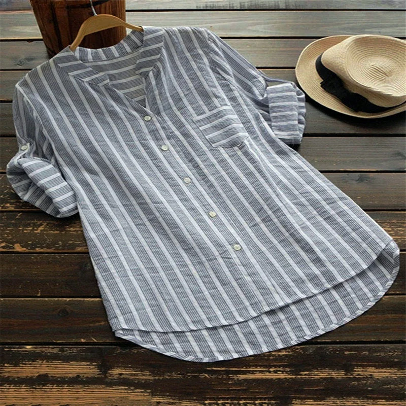 Summer Elegant Shirt Women Cotton Linen Top Long Sleeve Oversize Lady Linen Blouses Striped Classic Shirts 2022 White Blouse 5XL