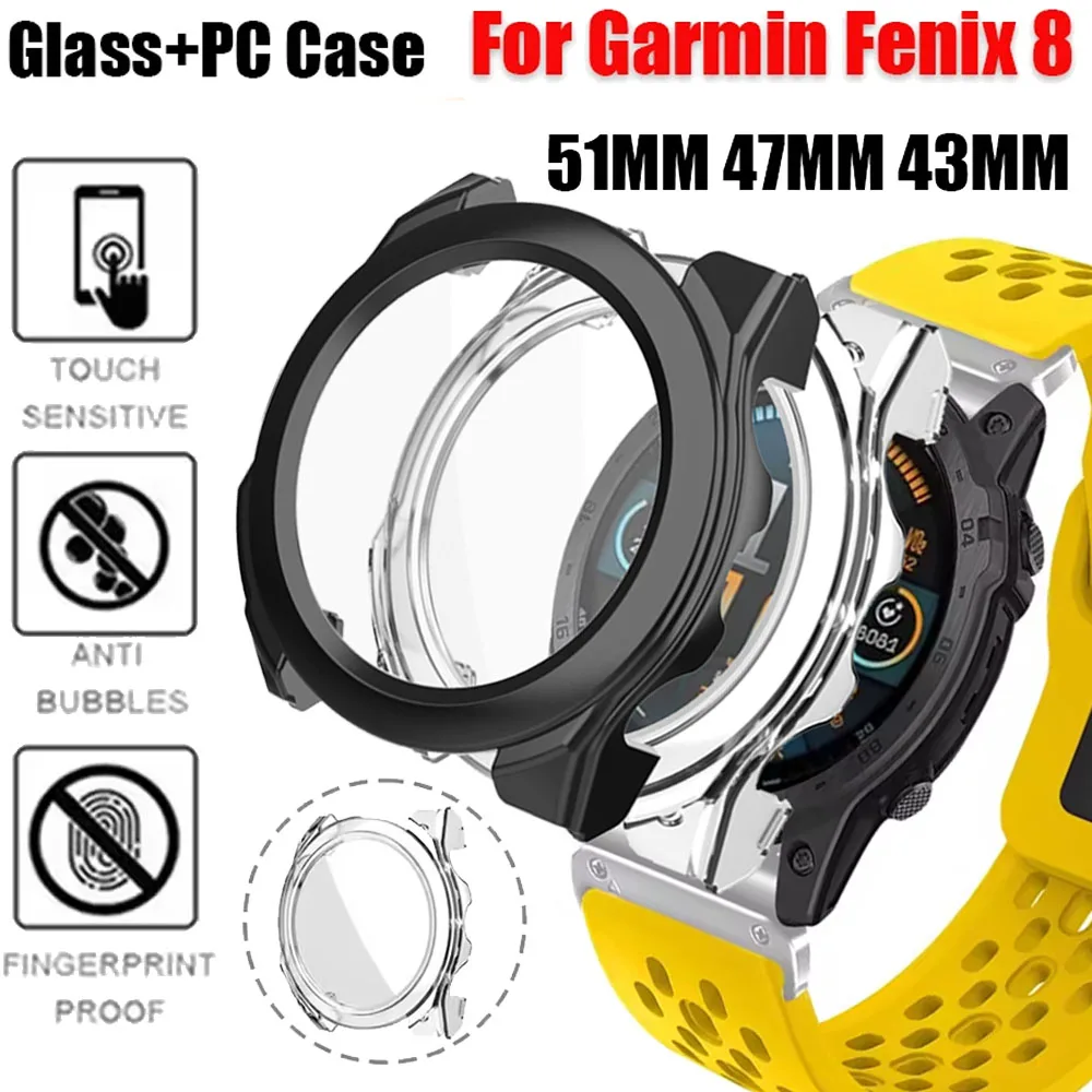 Tempered Glass+PC Case for Garmin Fenix 8 51mm 47/43mm Full Coverage Scratch-resistant Screen Protective Case for Garmin Fenix 8