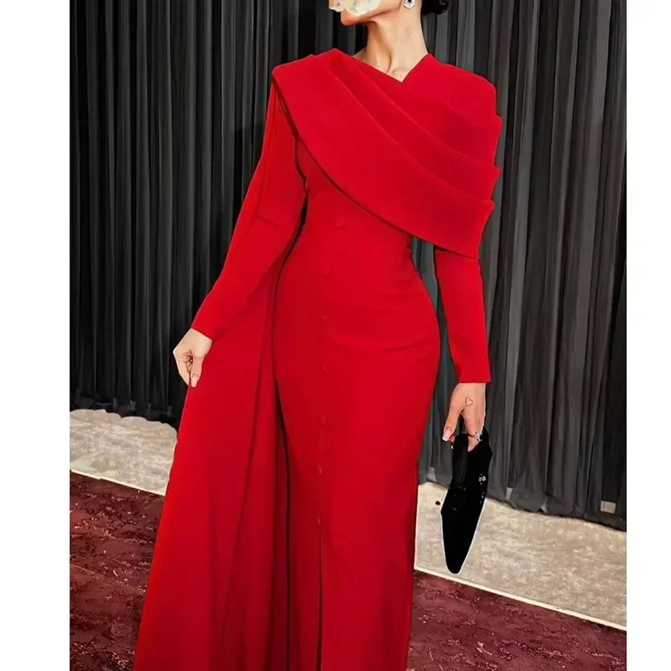 

Arya Customized Red Evening Dress Long Sleeves Pleated Straight Ankle Length Wedding Party Women Guest فساتين حفلة موسيقية