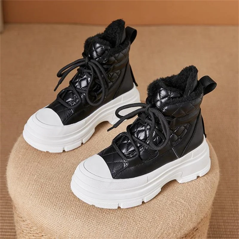 6.5Cm Echt Leer Dikke Sneaker Enkelschoenen Vrouwen Platform Hoge Merk Winter Pluche Frenum Warme Herfst Lente Schoenen 34 40