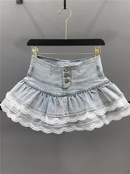 Woman Vintage Denim Pleated Skirt Lace Fold Design A-line Short Skirt Built in Shorts American Spicy Girl Korea Fashion Hotsweet 4 Woman Vintage Denim Pleated Skirt Lace Fold Design A-line Short Skirt Built in Shorts American Spicy Girl Korea Fashion Hotsweet 4