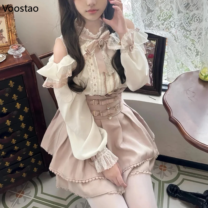 اليابانية Kawaii لوليتا نمط تنورة صغيرة مجموعات النساء الحلو الكشكشة قبالة الكتف القوس قميص التنانير القصيرة Y2k الجمالية لطيف مجموعة كاملة