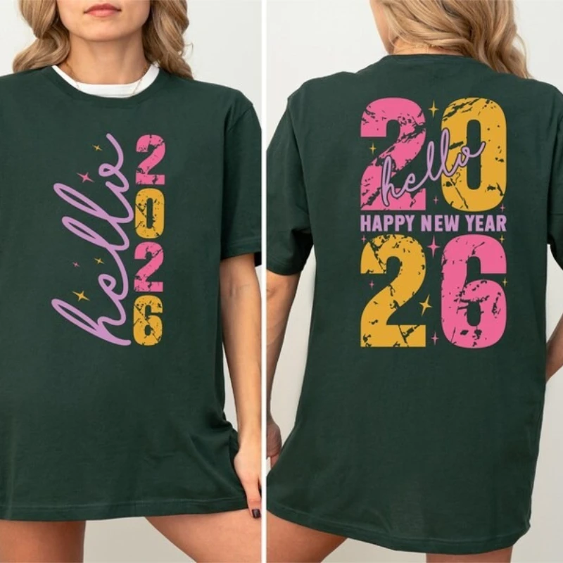 مرحبا سنة جديدة سعيدة 2026 القطن تي شيرت الأسرة مطابقة الاحتفال احتفالي حفلة عطلة طاقم الرقبة موضة لينة مريحة #4