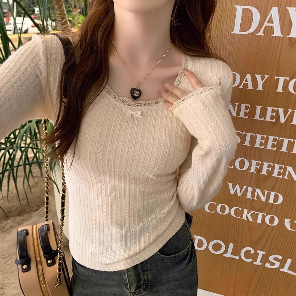 Koronkowa Koszula Damska Wiosna i Jesień 2025 Nowa Ekskluzywna Biała Bluzka z Długim Rękawem i Kokardą