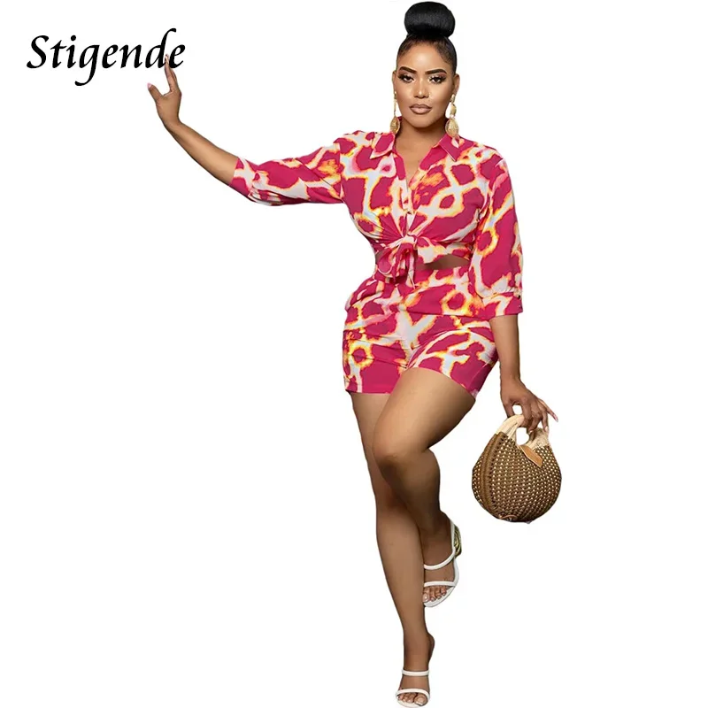 Stigende Pink Leopard Print Two Piece Set Women Summer Sets Outfits Tie Front Button Crop Top Pocket Shorts