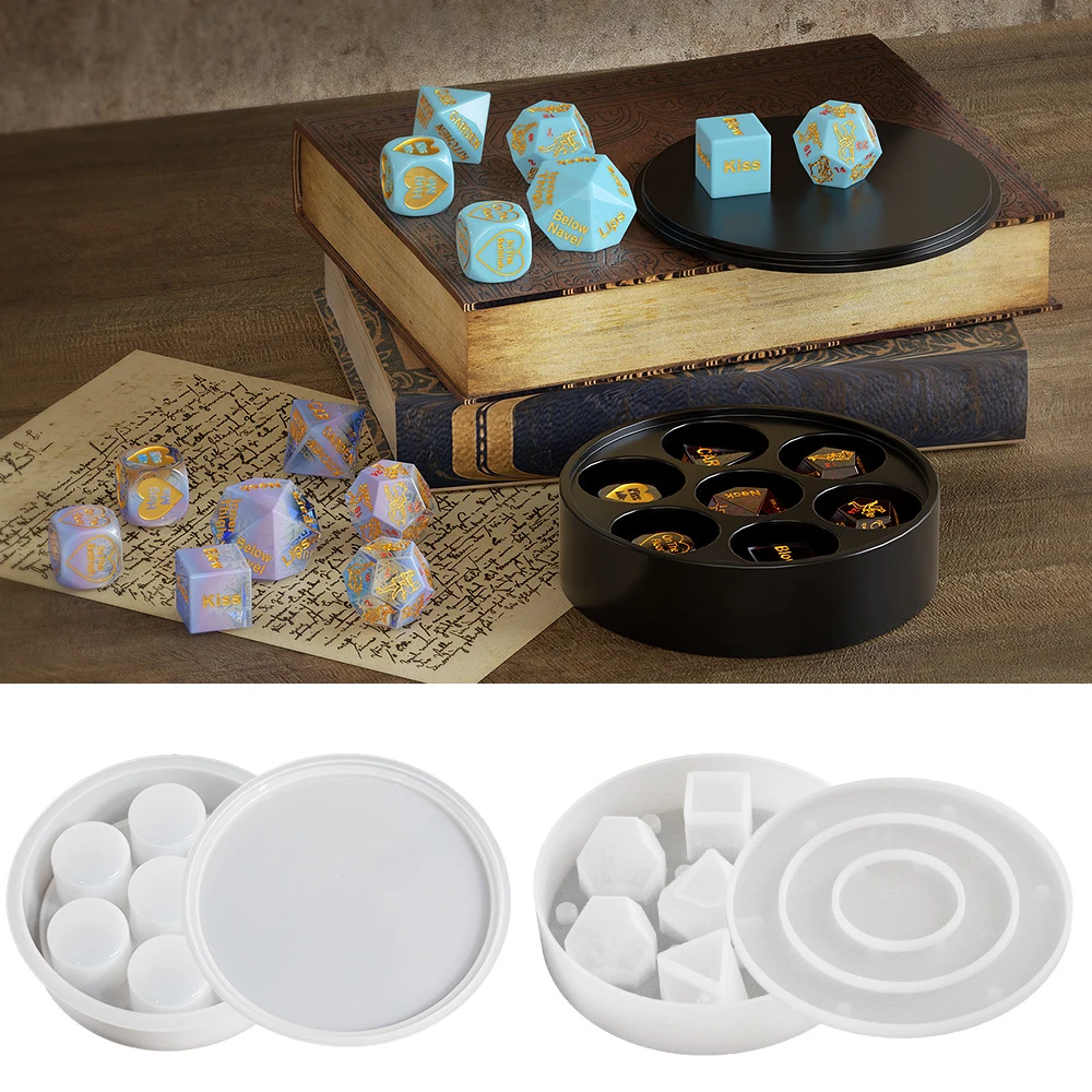 New 7 IN 1 Alphabet Dices Silicone Molds Board Game Polyhedron Digital Dice Crystal Epoxy Resin Mould DIY Dice Storage Box Mold