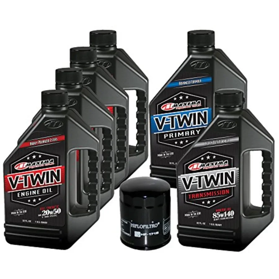 

V-Twin motorcycle engine oil change kit, full synthetic 20W50, 6-quart capacity, black packaging, includes all essential compon