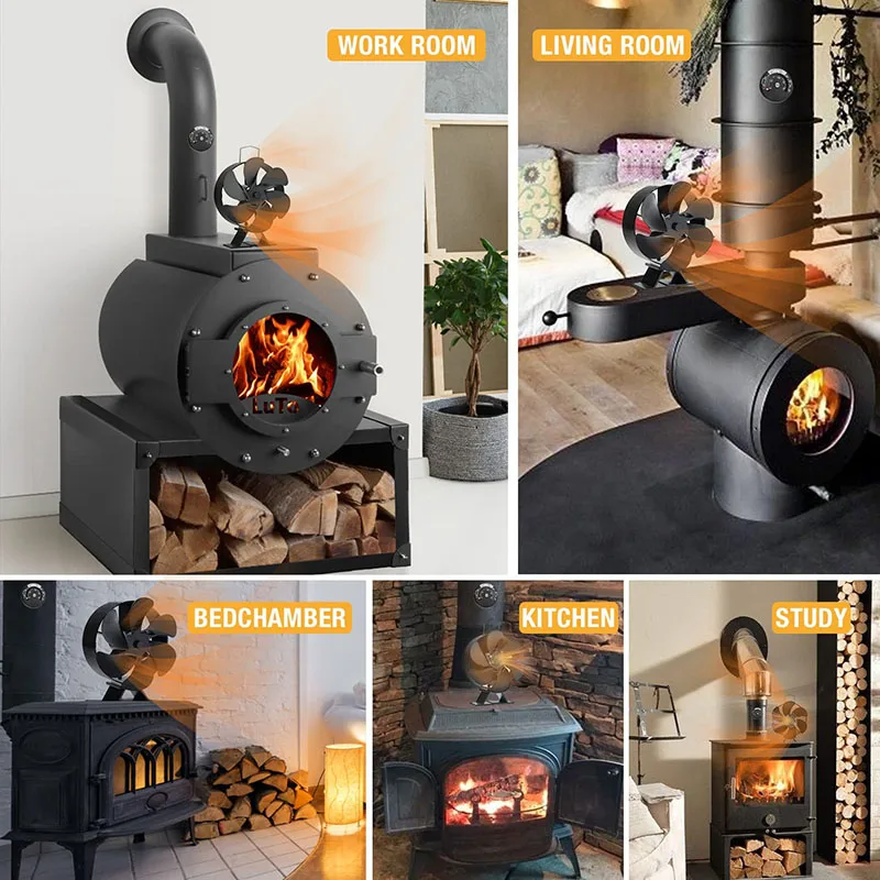 Winter Heated Powered Stove Fan 6 Blades Fireplace Fan Log Burner Stoves Quiet Fan Home Efficient Heat Distribution Black