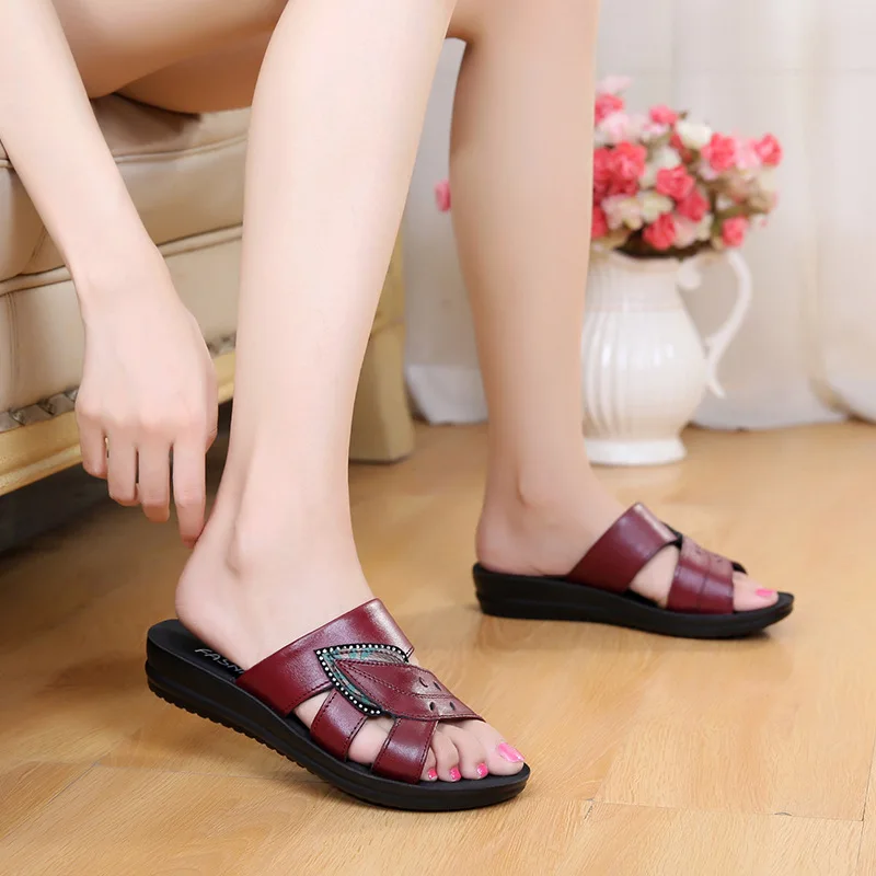 Red Leather Wedge Slide Sandals For Women With Leaf Rhinestone Detail Open Toe Non Slip Thick Sole Comfortable Casual Summer Out view 3