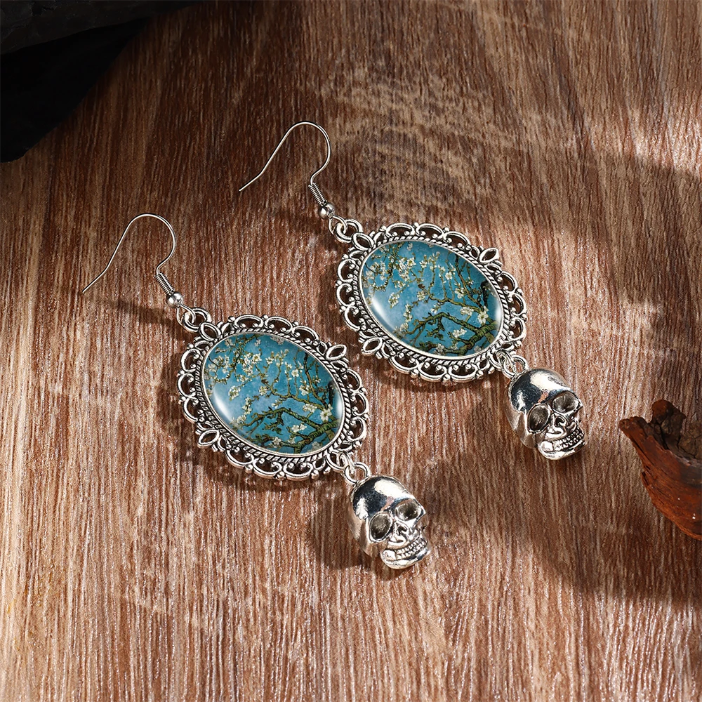 2024 New Arrival Fashion Van Gogh Starry Night Sunflower Oil Paintings  Fish Hook Earrings Handmade Pumpkin Skeleton Dangles