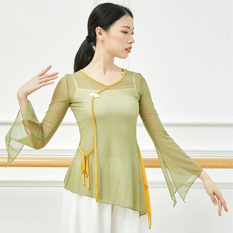 

Classical Dance Top Women Stage Outfit Split Flared Sleeve Practice Costume Color Clash Tied Flowy Chinese Folk Dancewear Blouse