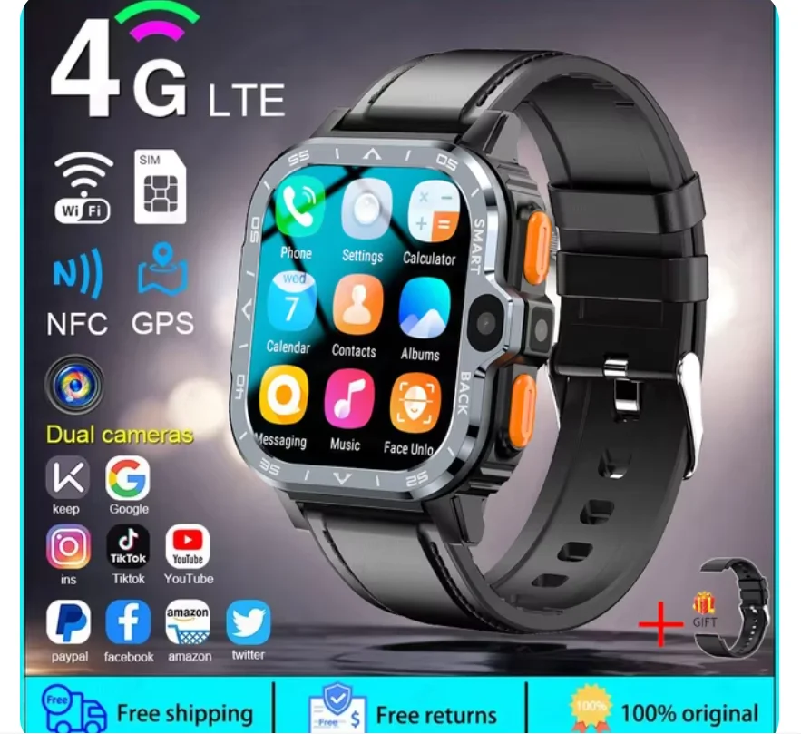 Android Smart Watch With 4G SIM Card Dual Cameras 64GB/16GB ROM NFC GPS WiFi Waterproof Google Play Smart Bracelet For Men Gift