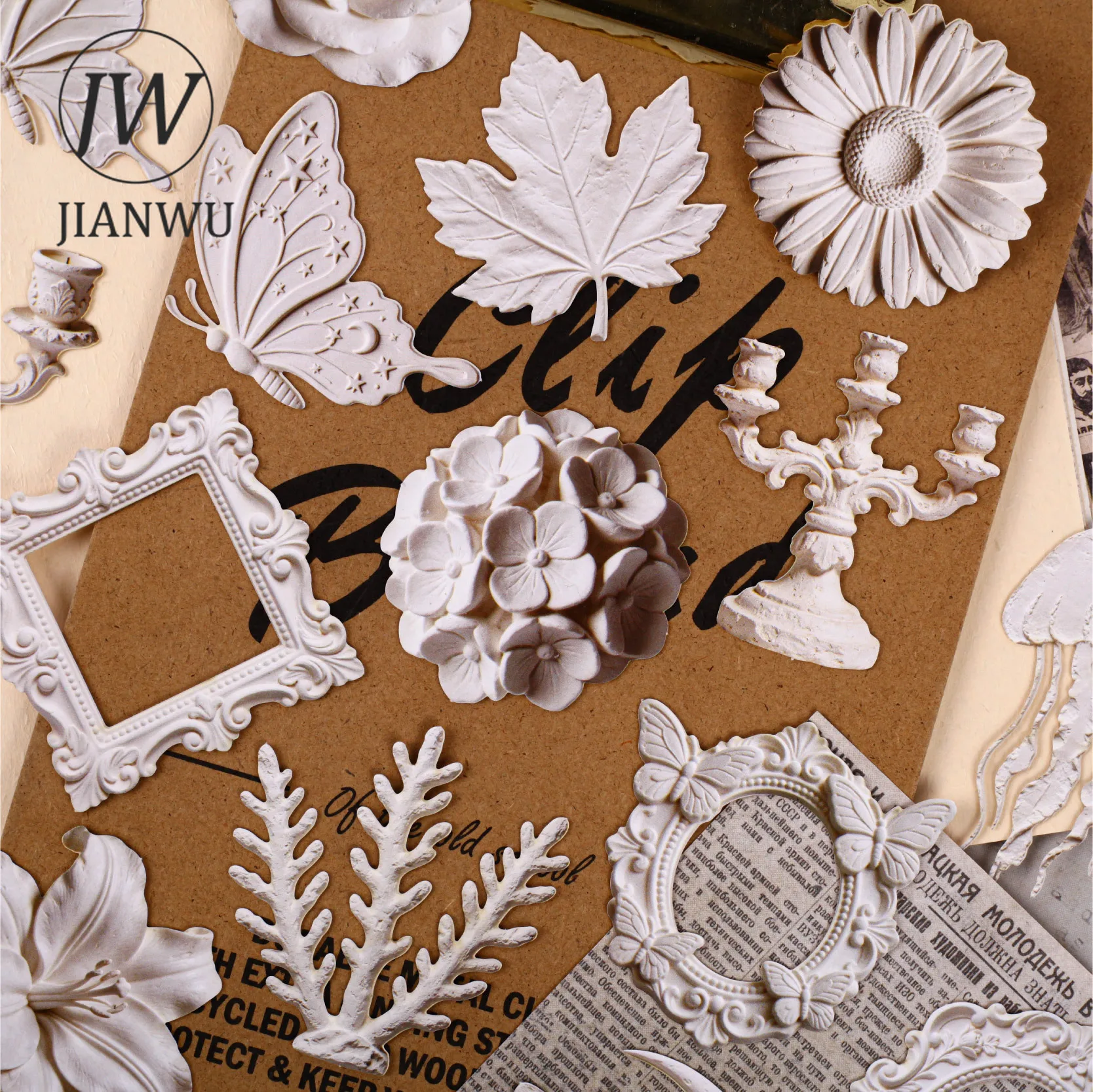 JIANWU Vintage Baroque Plaster Relief Flower Leaf Butterfly Landscape Material Collage Scrapbooking Sticker Journal Stationery