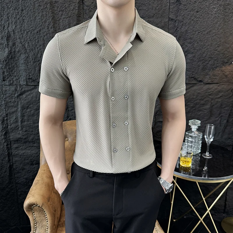 

British Style Men Double Breasted Shirt 2024summer New Short Sleeved Stretch Slim Fit Shirts Formal Business Social Party Tuxedo