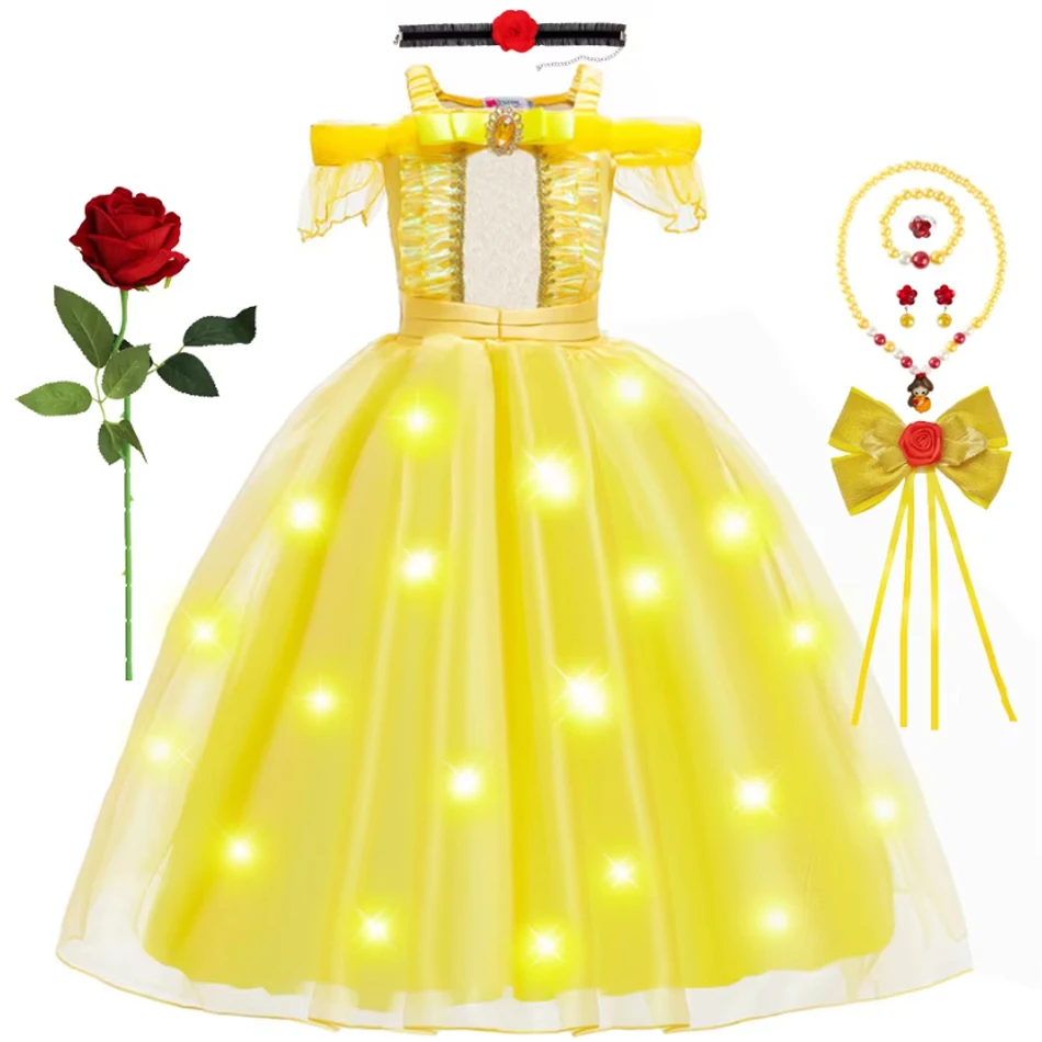 Belle Dress Girls Princess Halloween Cosplay Beauty Beast Costume Kids Mesh Off Shoulder Christmas Carnival Party Ball Gown