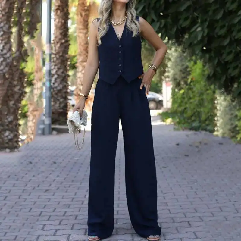 HKSH Women Two-piece Set V-Neck Single Breasted Vest Chic Sleeveless Blazer Draped Wide Leg Pants Office Lady Suit Spring HK9460