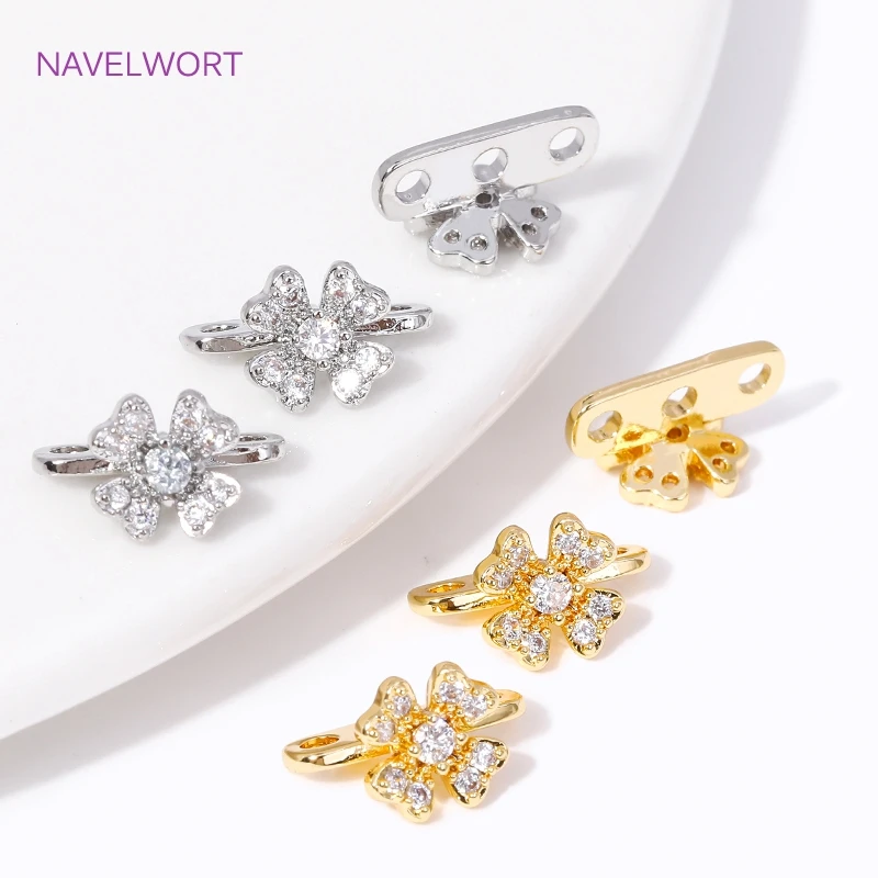 18K Gold Plated Inlaid Zircon Flower Shape Spacer Bars 3 Hole Separators Connector For DIY Beading Jewelry Making Accessories