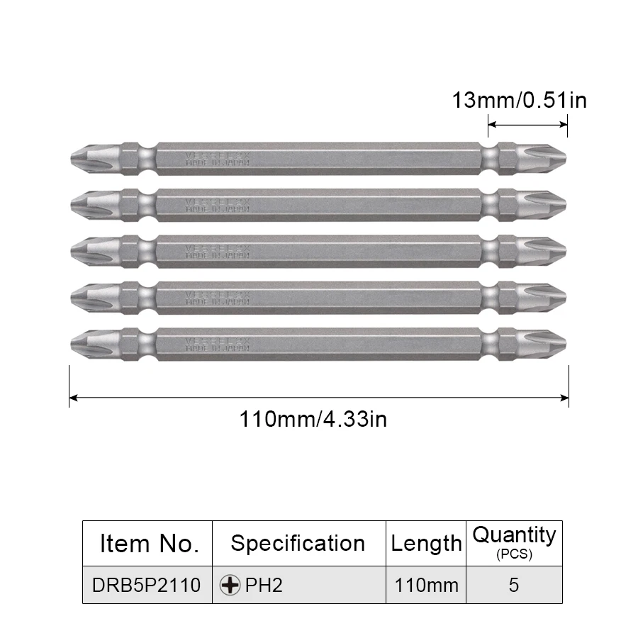 VESSEL 5PCS 110mm PH2 Double-Head Screwdriver Bit Set Phillips Screws Drill Bit Hand Tools Accessories NO.DRB5P2110