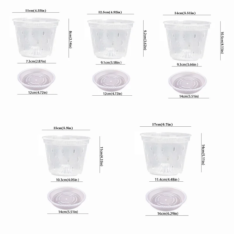 5Pcs 11/12.5/14/15/17cm Planter Pots with Side Holes Orchid Flowerpot with Trays Breathable Transparent Plastic  Flowerpot