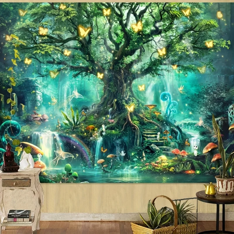 Bohemian Magic Tree of Life Tapestry Luminous Mushroom Glowing Butterfly Bedroom, Party, Wedding Wall Hanging