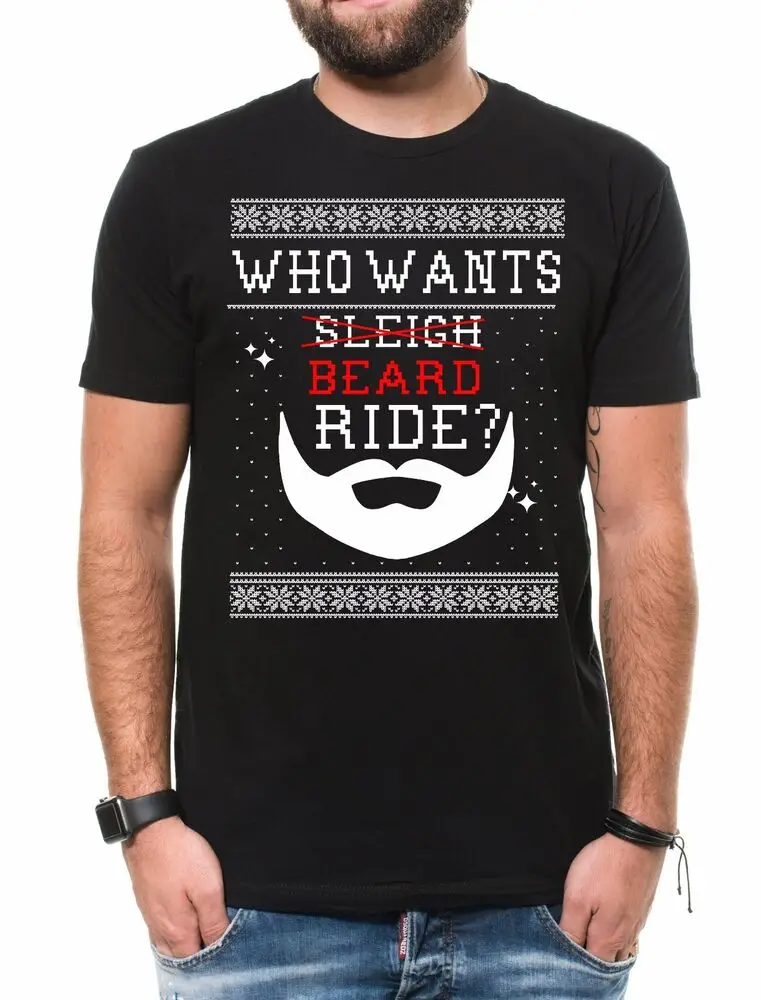 Beard Ride Ugly Christmas Sweater Funny  Party T-shirt  GiftAnime Pattern Men and women 100% cottonUnisex T-sh