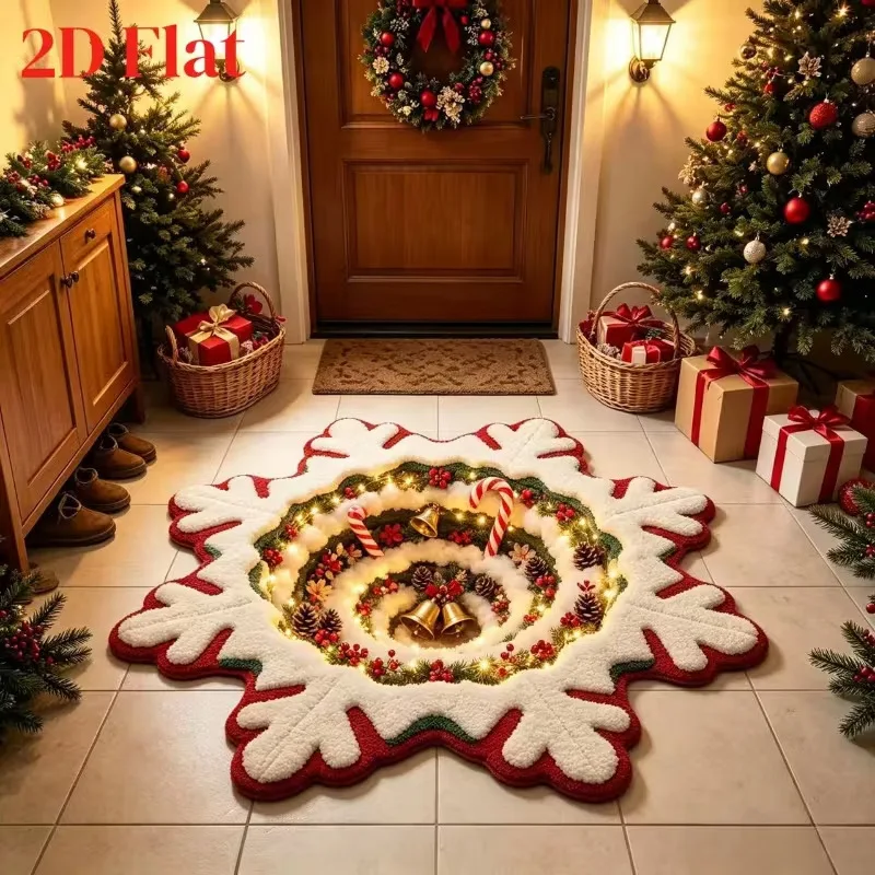VIKAMA Snowflake Shaped White Fluffy Bell Wreath Plush Flannel Rug Soft Non-Slip Bedroom Living Room Floor Mat Christmas Decor