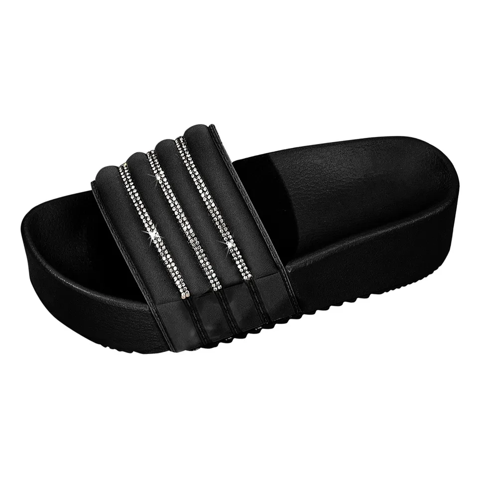 Womens Rhinestone Chunky Platform Slide Sandals