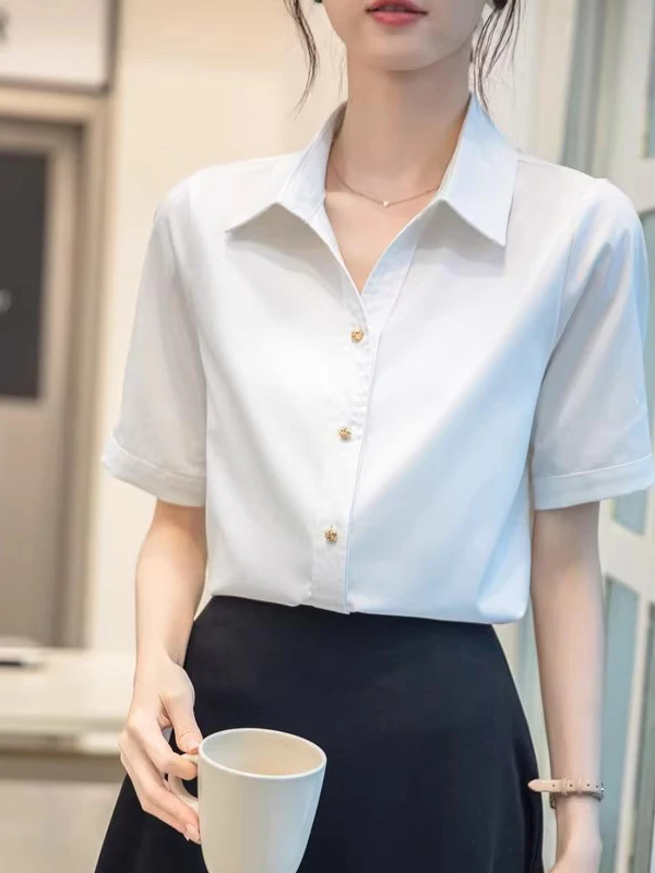Elegant White Chiffon Shirt Women's Fashion Spring Autumn 2026 New Summer Short Sleeve Top Korean Style V-Neck Casual Shirt