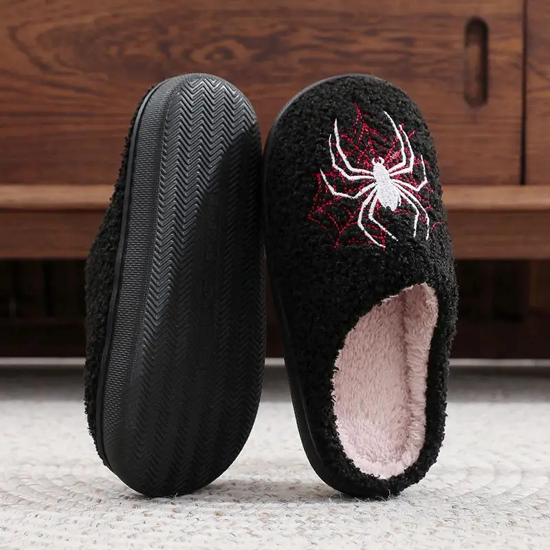 Warm Lambswool Cute Cartoon Halloween Slippers Men Winter 2026 Gothic Skeleton Furry Indoor Slippers Plus Size Men Home Shoes