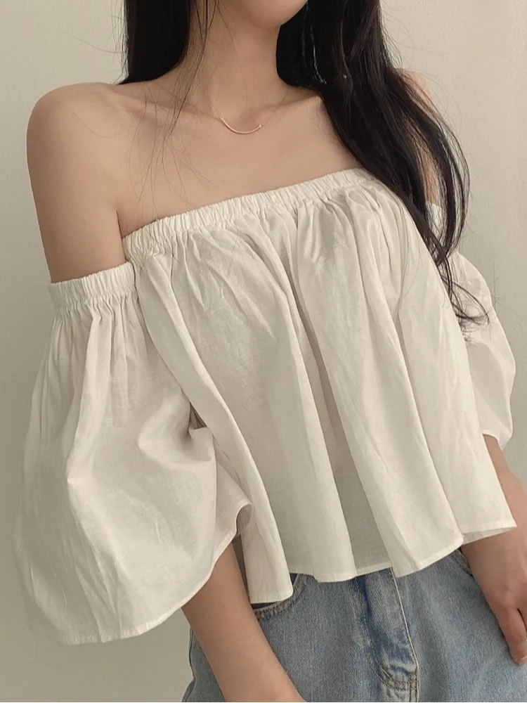 Chic verano diseño suelto ort Sve mujer irt un hombro tubo Top pantalones de pierna ancha mezcla de algodón coreano Sle viaje