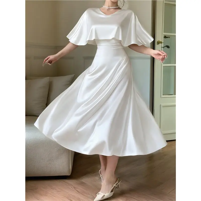 Women Solid Glossy Satin Cape Overlay V-Back High Waist Flared Swing Midi Formal Dress White L Eco-Friendly