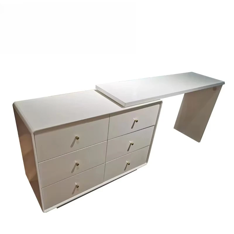 

@#Modern White Cream Makeup Vanity Table Revolving Lighted Mirror Minimalist French Design Solid Wood for Hotel Living Bedroom