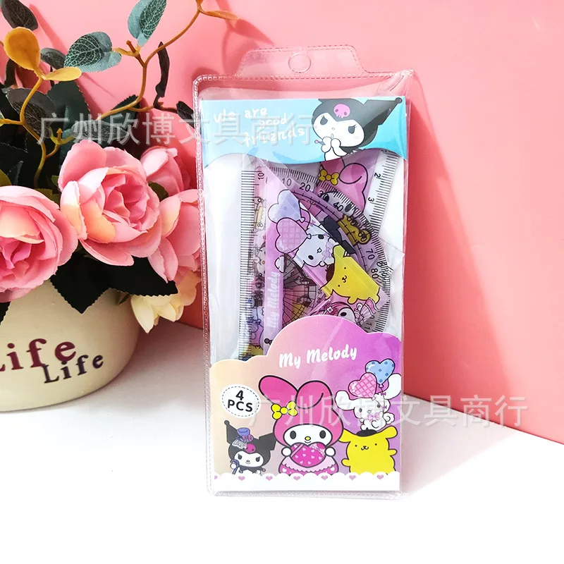 Sanrio Ruler Set Kawaii Miniso Mymelody Kuromi Cinnamoroll Student Cartoon Measurement Drawing Ruler Stationery Set