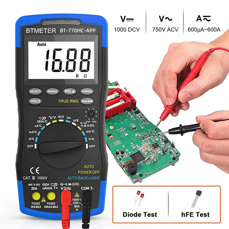 BTMETER Multimetr cyfrowy True RMS 6000 zliczeń Automatyczny zakres napięcia AC/DC Prąd z aplikacją Bezprzewodowy Bluetooth BT-770HC-APP