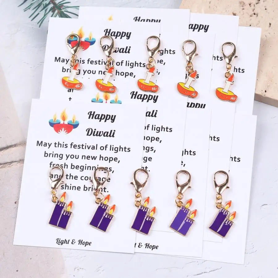 1/5/10/20/50/100pcs Unique keychain sets featuring Diwali candle motifs, small charms, and inspirational pocket-sized cards—perf