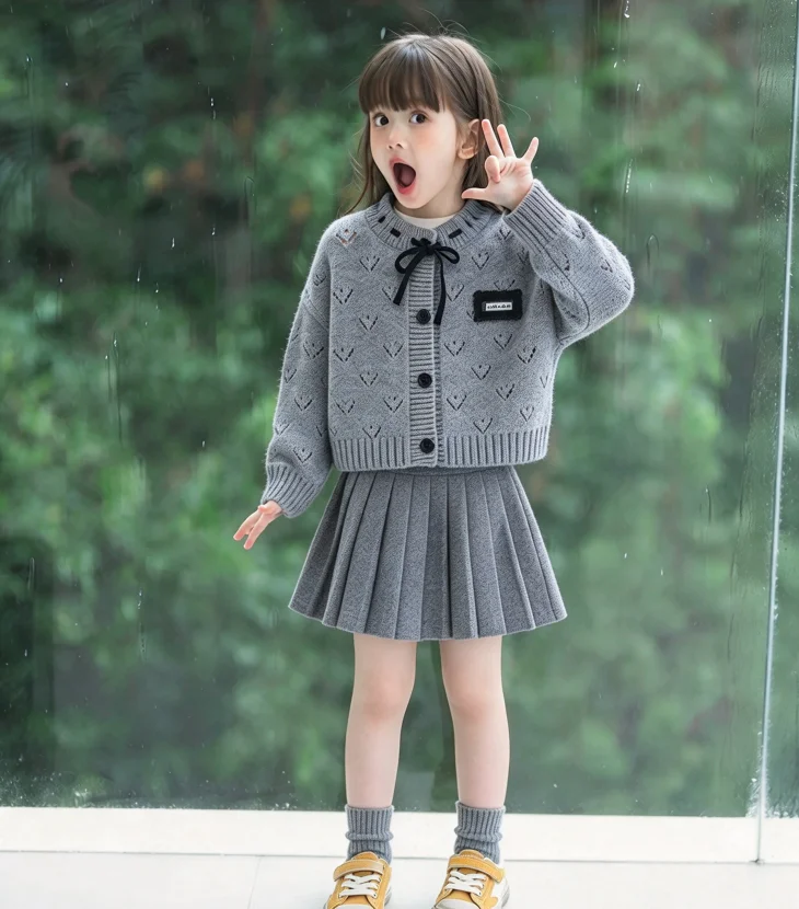 Girls knitted Two Piece Set 2026 Autumn Winter New Grey Knitted Long Sleeve Sweater Pleated Skirt Set Trendy