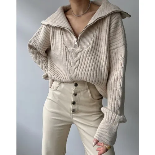 Mai Rica Beige Hair Weave Zipper Knitwear Sweater