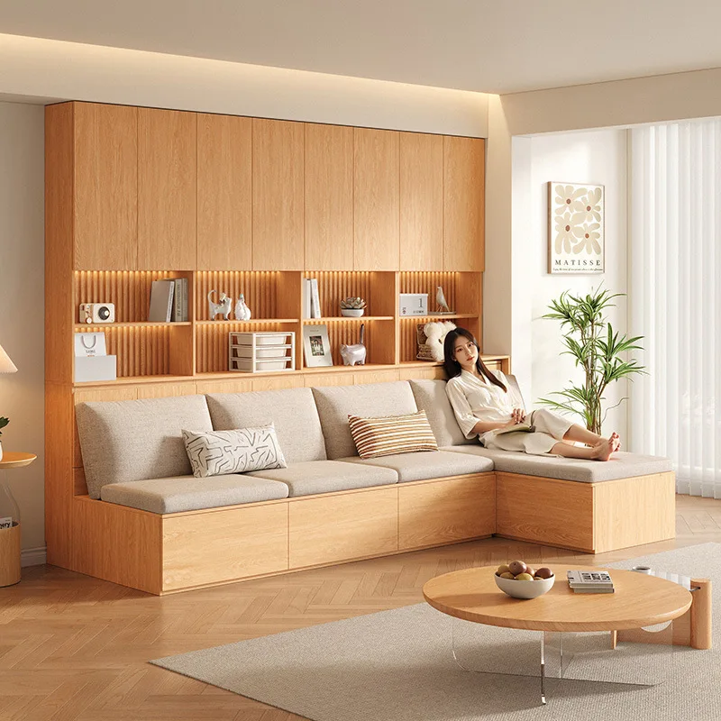 Solid wood sofa bookcase Living room rubber wood bookcase with card seat against the wall Locker integrated