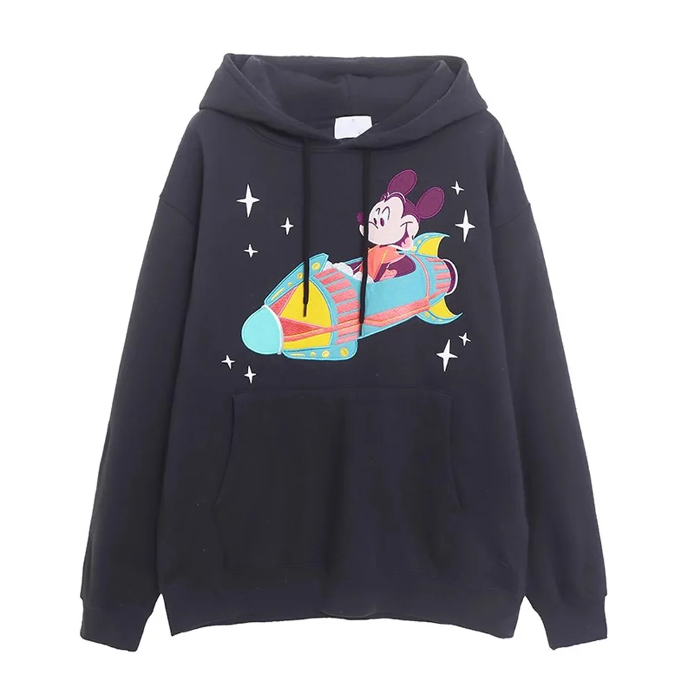 Disney Black Hooded Sweatshirt Women Zip Up Hoodies Embroidery Rocket Jacket Disneyland Letter Casual Jumper Tops Unisex Couple