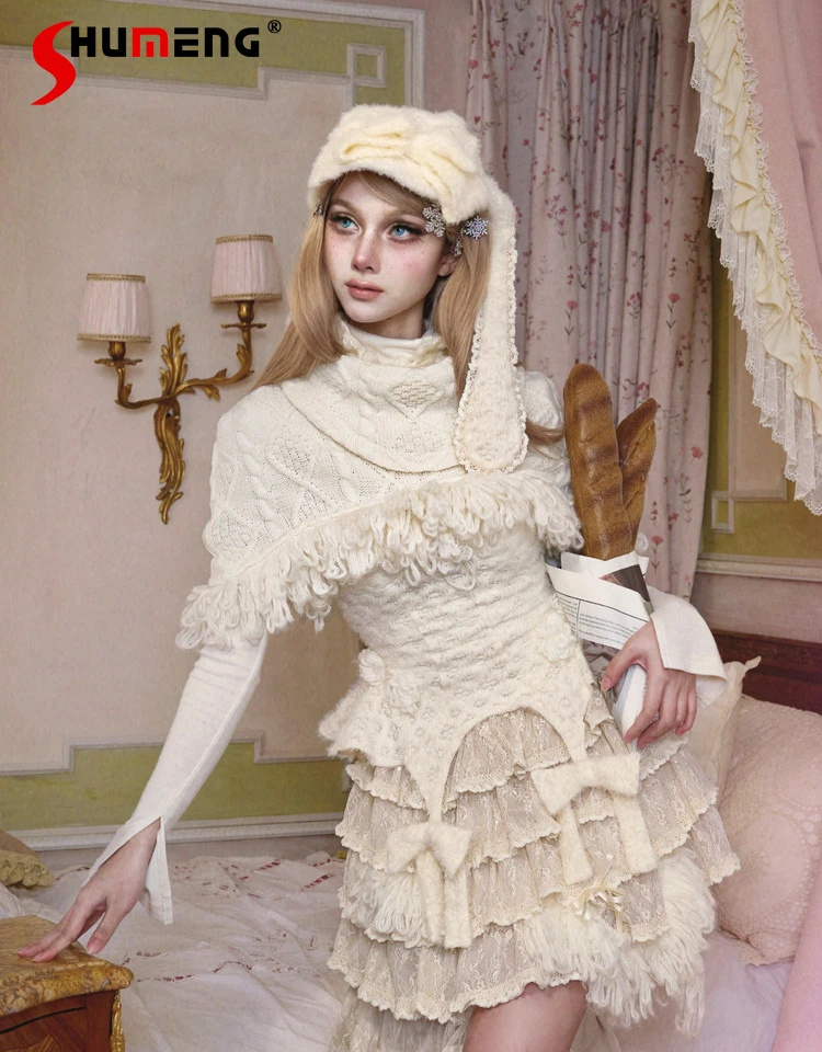 التصميم الأصلي سيدة الشرير الحلو شال محبوك الخريف الشتاء المرأة الرجعية أنيقة شرابة لوليتا كوس شال قصير الأميرة شال #1