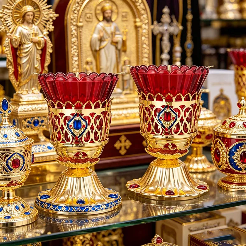 Orthodoxe Vigillampe aus Rotem Glas mit Goldmetall-Kerzenhalter, Verzierte Byzantinische Lampe für Heimaltar, Kirchendekoration, Religiöses Geschenk – Detail 2
