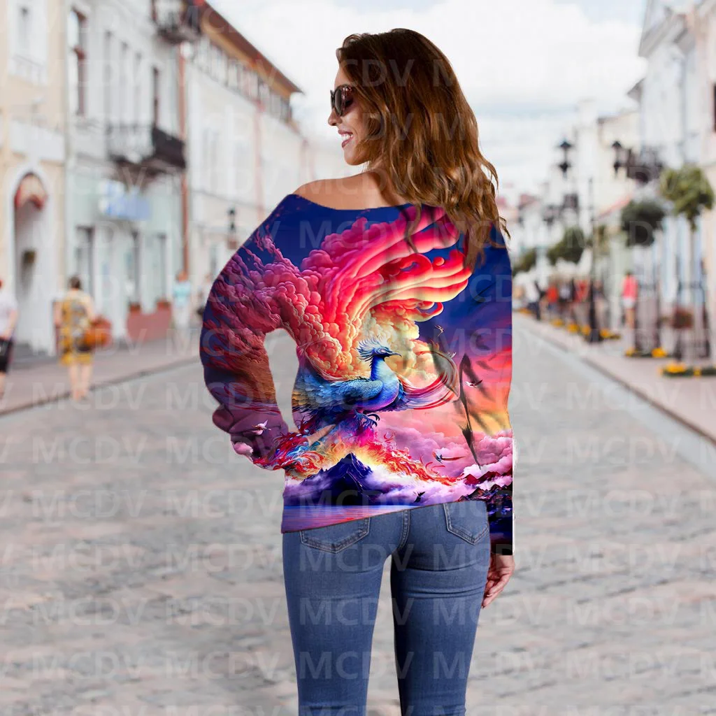 Women's Off Shoulder Sweater Phoenix 3D Printed Women Casual Long Sleeve Sweater Pullover