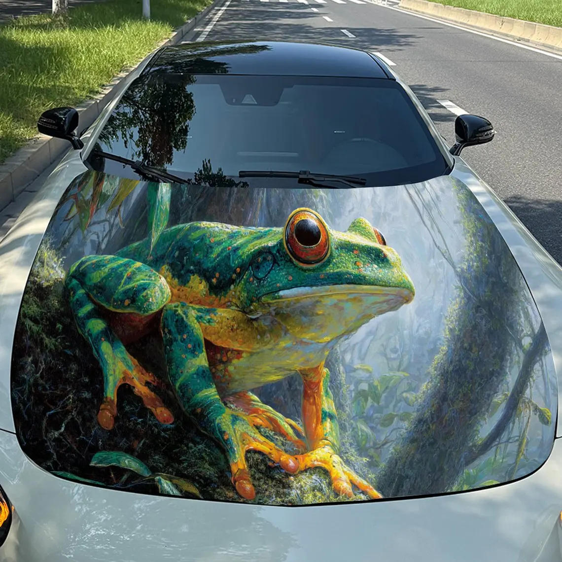 

Rainforest Colorful Big Eye Frog PVC Car Hood Wraps, Self-Adhesive Waterproof Car Bonnet Decal Sticker, Car Decoration Protectio