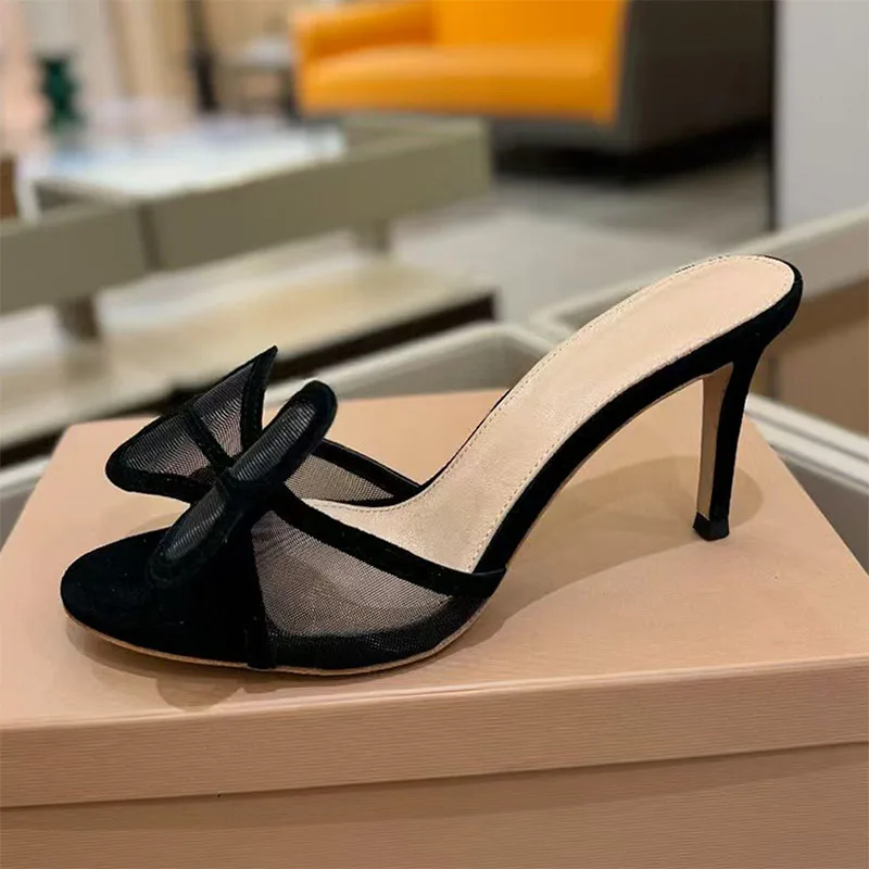 

2025 New High Heels Slides Women Mesh Butterfly-knot Party Slippers Woman Summer Slippers Modern Stiletto Slippers Woman