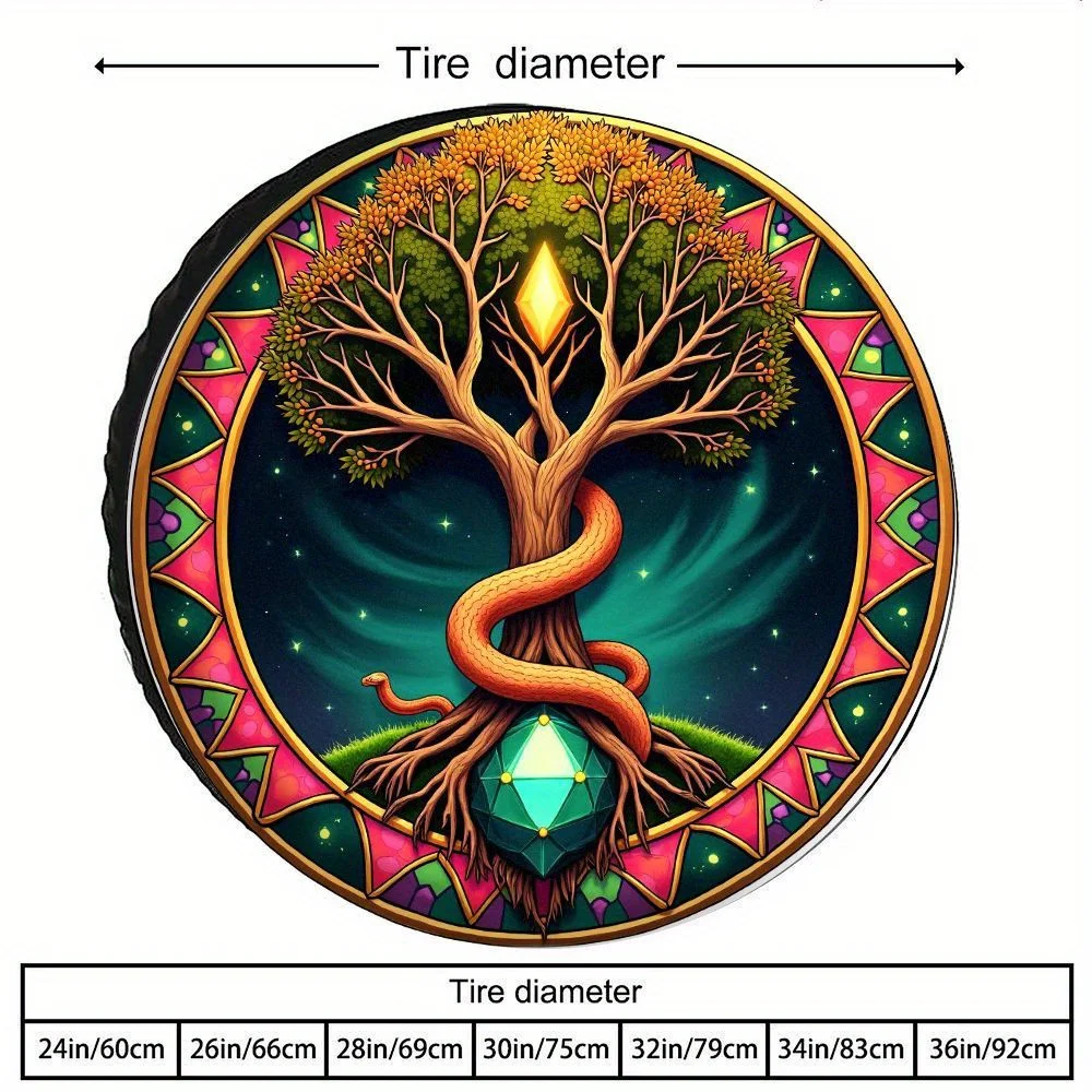 Cosmic Tree Of Life Coiled Snake Totem Spare Tire Cover  Premium Polyester Fiber Car Wheel Hub Cap With Vibrant Mandala Border