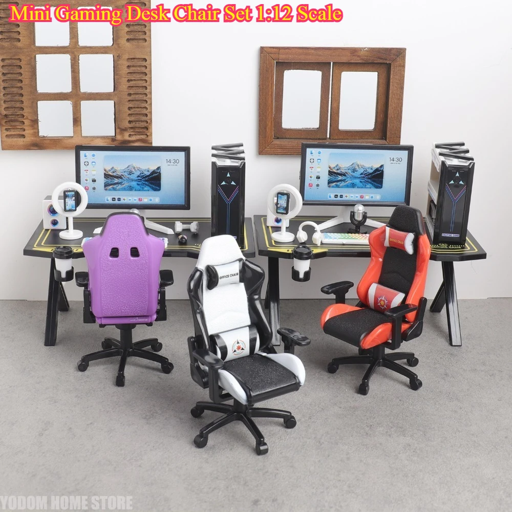 Mini Gaming Desk Chair Set 1:12 Scale - Micro Model Computer Host Desktop Decoration Scene Ornament