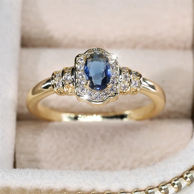 Royal Blue Stone Small Oval Wedding Bands Antique Gold Color Vintage Zircon Stacking Engagement Party Rings For Women Jewelry CZ