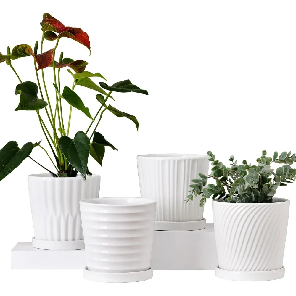 

White Ceramic Plant Pots with Drainage Holes and Saucer, 6 Inch Indoor Outdoor Garden Planter, 4 Pack