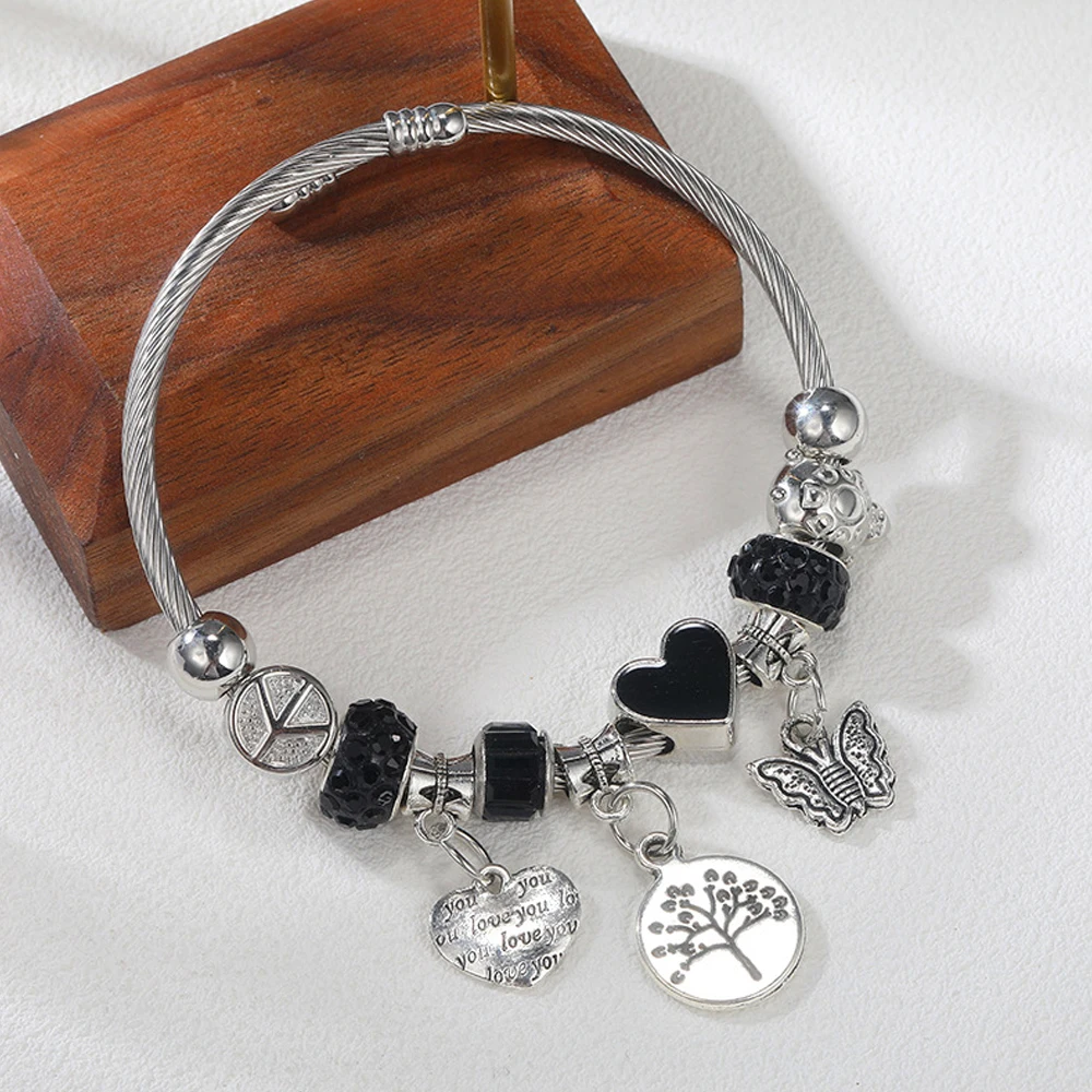 Women'S Crystal Beaded Cuff Bracelet Silver Color Metal Heart Star Pendant Bangle Bracelet Brithday Christmas Friendship Gift