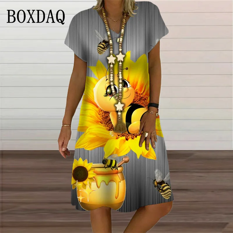 2023 New Cartoon Bee Honey Dress Women Sunflower 3D Print Short Sleeve A-Line Dress Summer Casual V-Neck Party Fashion Clothing